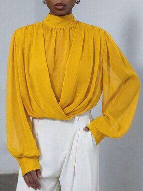 Yellow Elegant Women's Draping Mock Neck Sheer Blouse